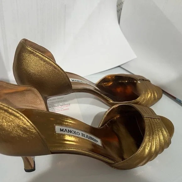 Manolo Blahnik Bronze Open-Toe Heels - Picture 4 of 6